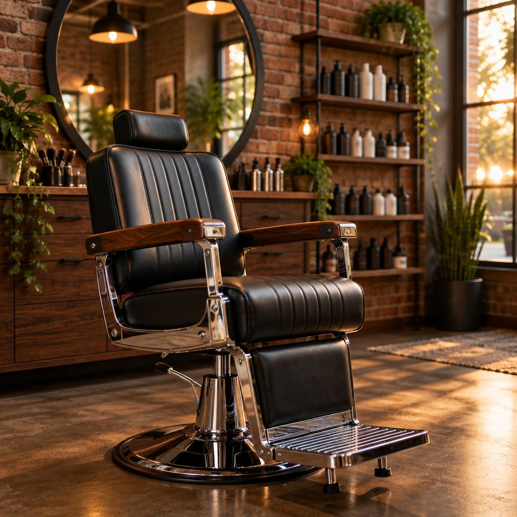 An empty black leather barber's chair