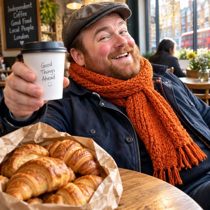 A grinning man in a flat cap and orange scarf raising a coffee over a bag of croissants