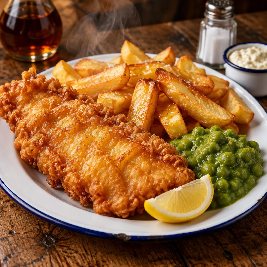Cod and chips with mushy peas and a lemon wedge