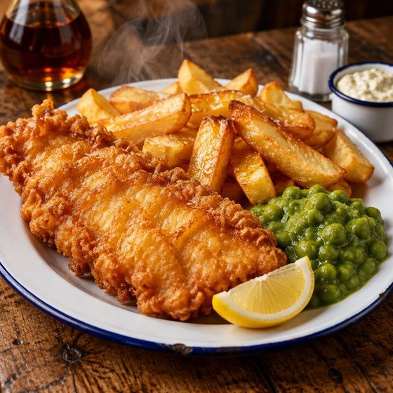 Cod and chips with mushy peas and a lemon wedge