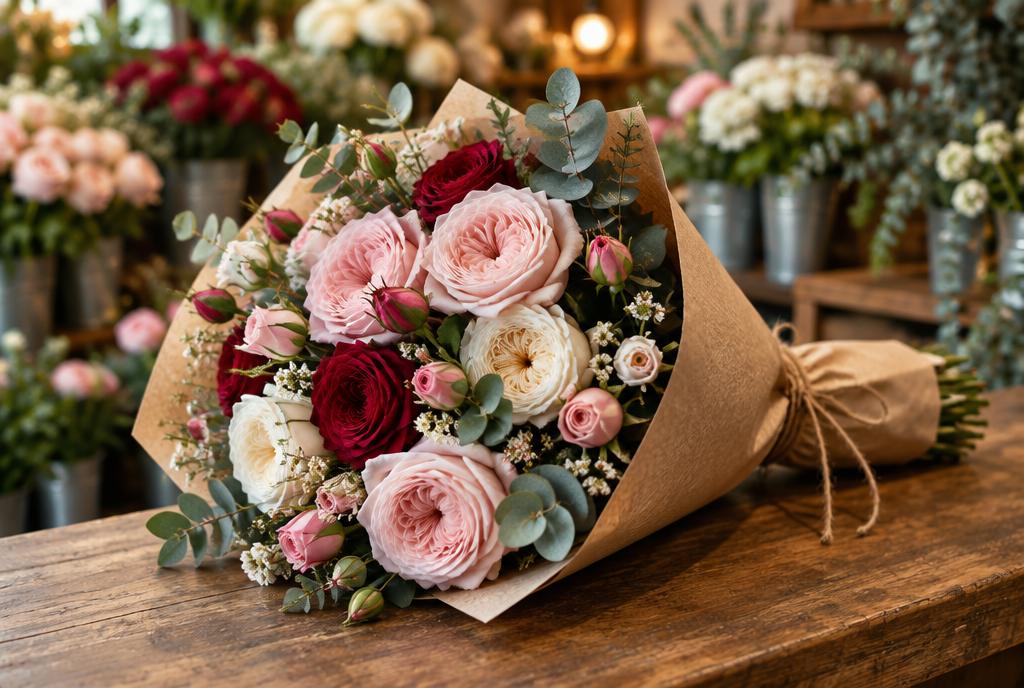 A bouquet of roses wrapped in brown paper on a florist's counter
